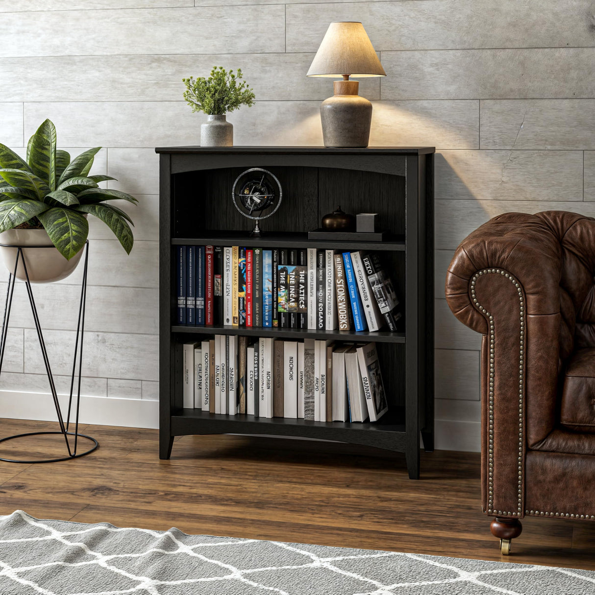 Camaflexi Shaker Style 3 Shelf Bookcase/Solid Wood / 36" High/Adjustable Shelving/Closed Back/Display Bookshelf for Living Room, Bedroom, Home and Office, Black Camaflexi