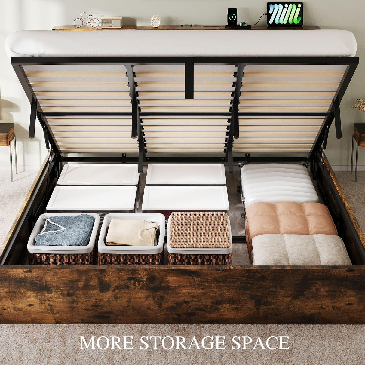 YITAHOME King Size Lift Up Bed Frame with Charging Station & RGB LED Lights, Linen Upholstered Storage Headboard Bed, Heavy Duty Wooden Slats, No Box Spring Needed, Noise Free, Rustic Brown and Grey YITAHOME