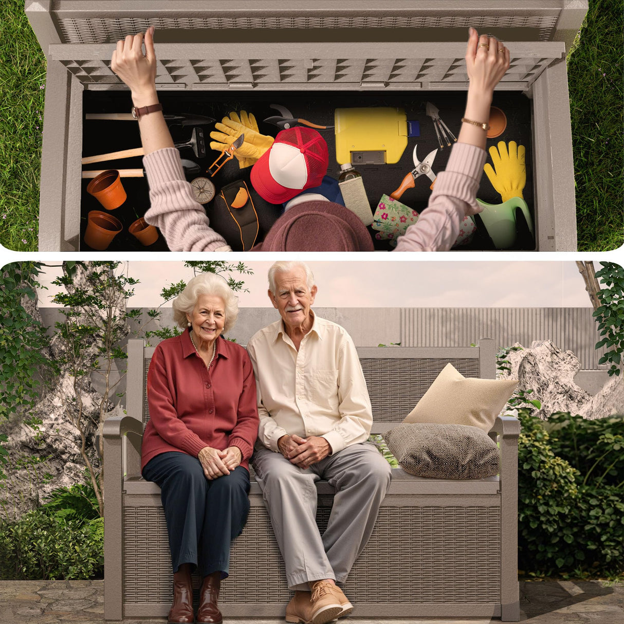 EasyUp 80 Gallon Outdoor Storage Bench, Waterproof and Lockable Deck Box Outdoor Storage Furniture for Patio,Garden,and Porch – Perfect for Storing Garden Tools and Cushions(Gray) EasyUp