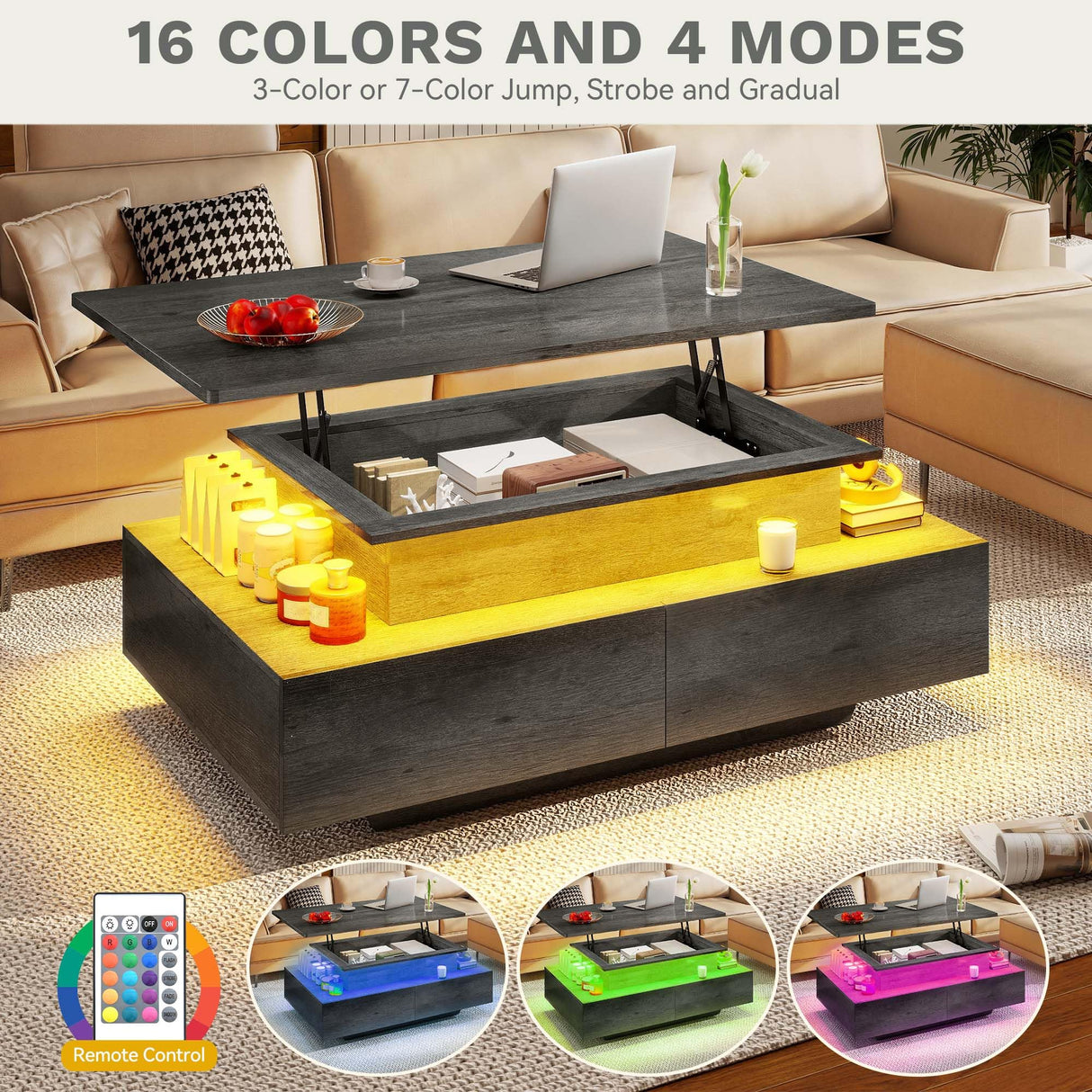 DWVO LED Lift Top Coffee Tables for Living Room, Rectangular Coffee Table with 4 Spacious Drawers, Modern Center Table with Lifting Top for Home Decor, Grey DWVO