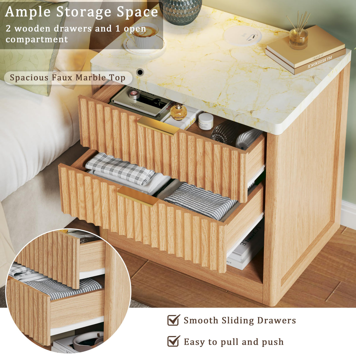 Fluted Nightstand with 2 Drawers, 24'' Night Stand with Wireless Charging Station, Mid Century Modern Side Table with Faux Marble Top, Large Wooden Bedside End Table for Bedroom, Oak HUAHUU