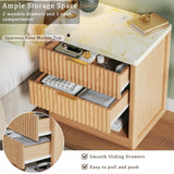 Fluted Nightstand with 2 Drawers, 24'' Night Stand with Wireless Charging Station, Mid Century Modern Side Table with Faux Marble Top, Large Wooden Bedside End Table for Bedroom, Oak HUAHUU