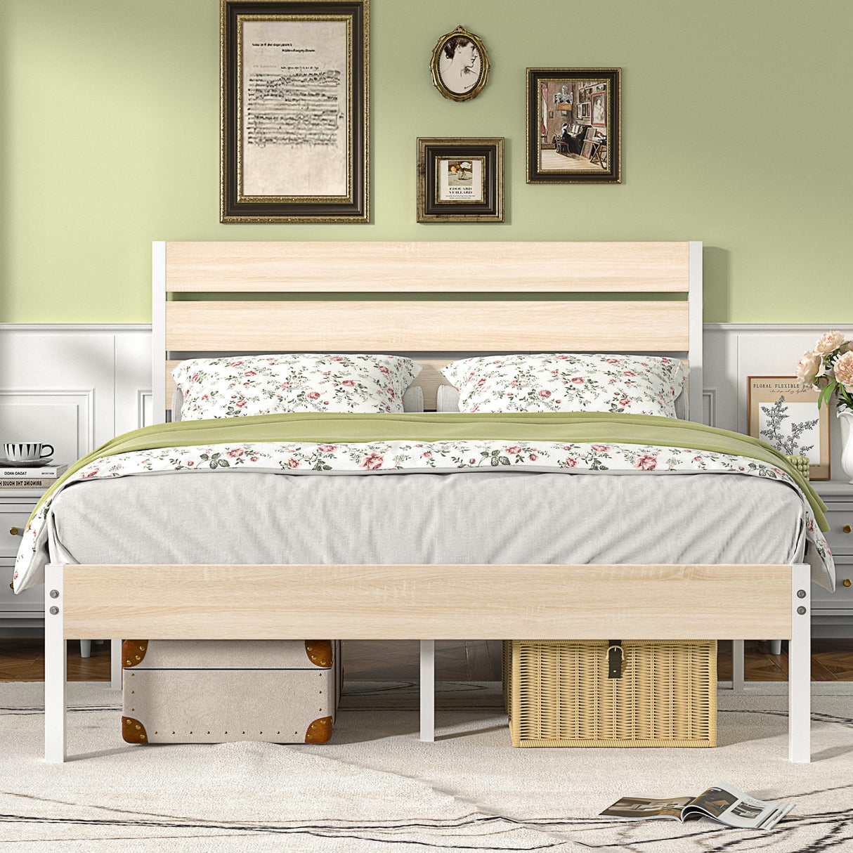 VECELO Full Bed Frame with Wooden Headboard and Footboard, Heavy-Duty Platform Frames with Metal Slats Support System, 12 inch Under-Bed Storage, No Box Spring Needed, Natural Maple VECELO