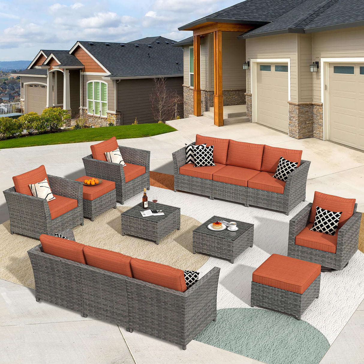 CAODOC 13 Pieces Outdoor Patio Furniture Set Wicker Sectional Sofa with Rocking Chair Tea Table Patio Rattan Conversation Set CAODOC