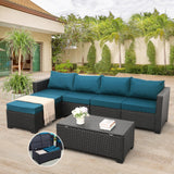 Rattaner 4 Pieces Patio Furniture Set Outdoor Sectional Wicker Patio Furniture Long Patio Couch with Ottoman and Outdoor Storage Table Weathering Rattaner