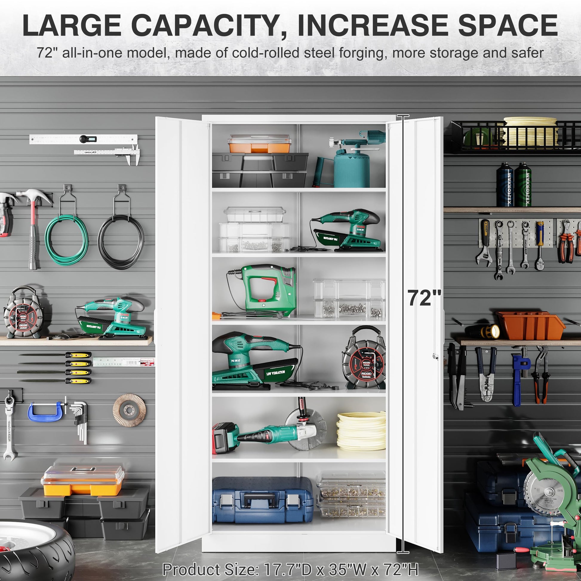 Metal Garage Storage Cabinet with 2 Doors and 4 Adjustable Shelves 72" Pantry Cabinet Utility Storage Cabinet Locking Steel Storage Cabinet Utility - WoodArtSupply