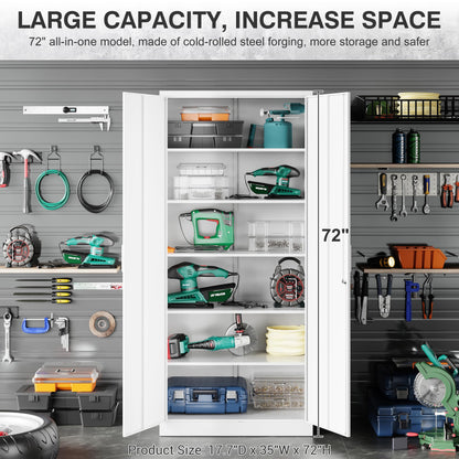 Metal Garage Storage Cabinet with 2 Doors and 4 Adjustable Shelves 72" Pantry Cabinet Utility Storage Cabinet Locking Steel Storage Cabinet Utility - WoodArtSupply