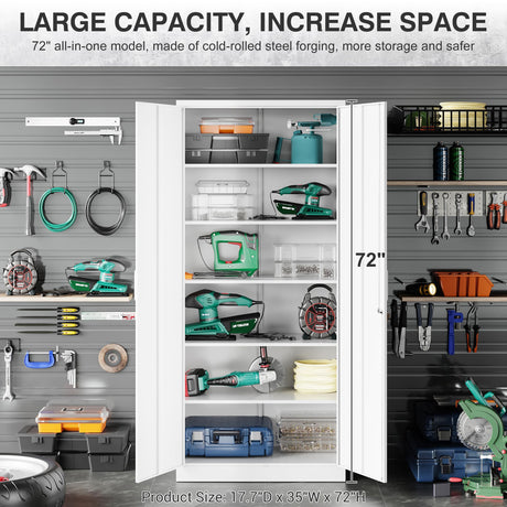Metal Garage Storage Cabinet with 2 Doors and 4 Adjustable Shelves 72" Pantry Cabinet Utility Storage Cabinet Locking Steel Storage Cabinet Utility SISESOL