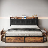 LIKIMIO King Bed Frame with 4 Storage Drawers, Platform Bed with Charged Headboard, Sturdy and Stable, No Noise, No Box Spring Needed, Easy to Install, Vintage Brown and Black LIKIMIO