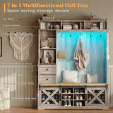 AMERLIFE 7-in-1 Farmhouse Hall Tree with Bench and Shoe Cabinet, LED Entryway Organizer with Drawers,12 Shoe Cubbies & Barn Doors, 7 Coat Racks with Shoe Storage, Rustic Gray AMERLIFE