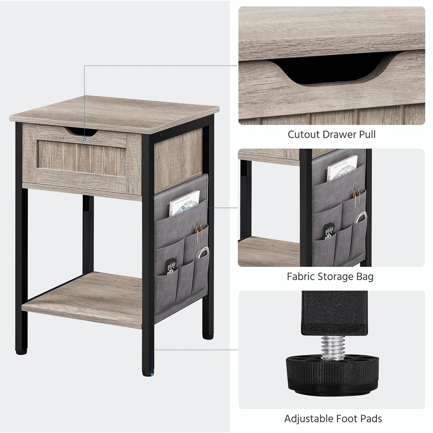 Yaheetech End Table with Drawer and Shelf, Sofa Side Table with Removable Storage Bag, Wooden Nightstand Bedside Table with Steel Legs for Living Room/Bedroom/Small Space, Gray - WoodArtSupply