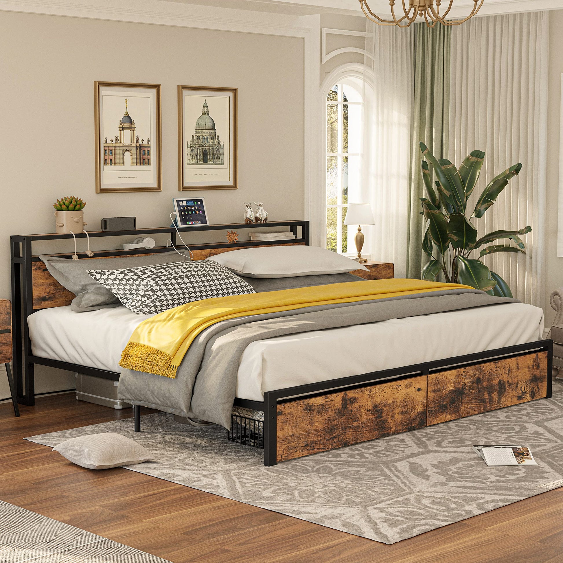 LIKIMIO Vintage Brown King Bed Frame with Storage Headboard and Charging Station - WoodArtSupply