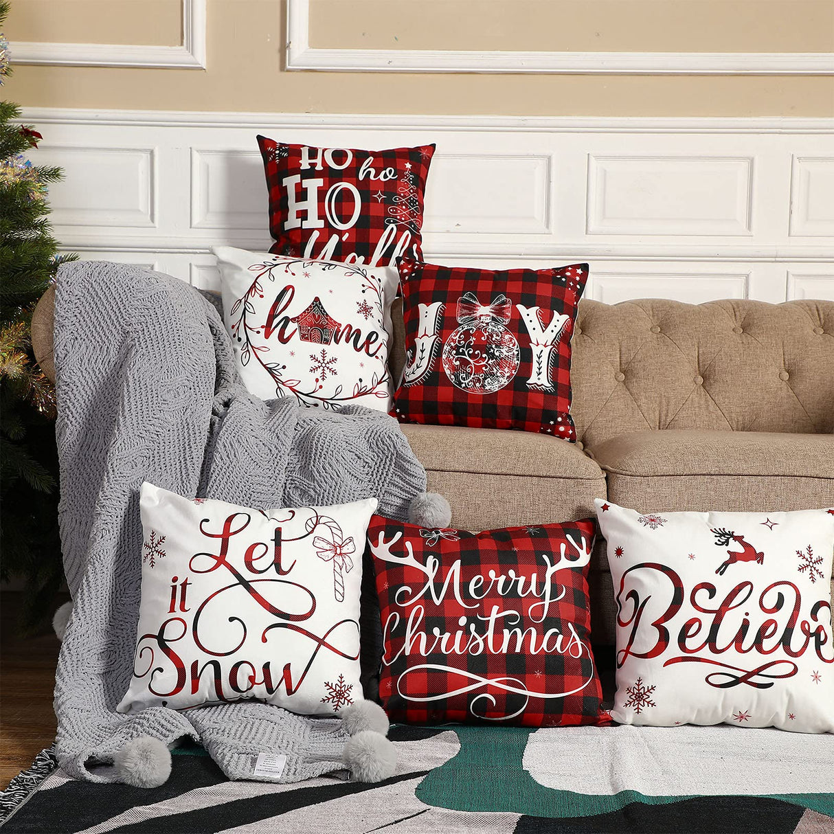 6 Pieces Christmas Pillow Covers 18 x 18 Inch Buffalo Plaid Cushion Case Christmas Pillow Case Holiday Throw Pillow Cover for Xmas Winter Sofa Couch Bedroom Decorations (Red, Black) Tatuo