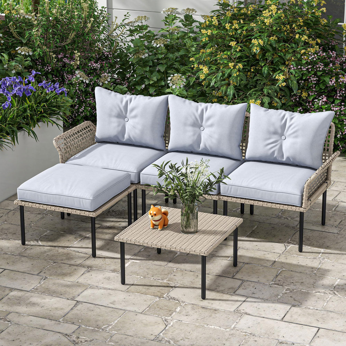 Outsunny 5 Piece Patio Furniture Set, Outdoor Conversation Set with L-Shaped Sofa, Cushions, for Backyard, Lawn and Pool, Light Gray Outsunny