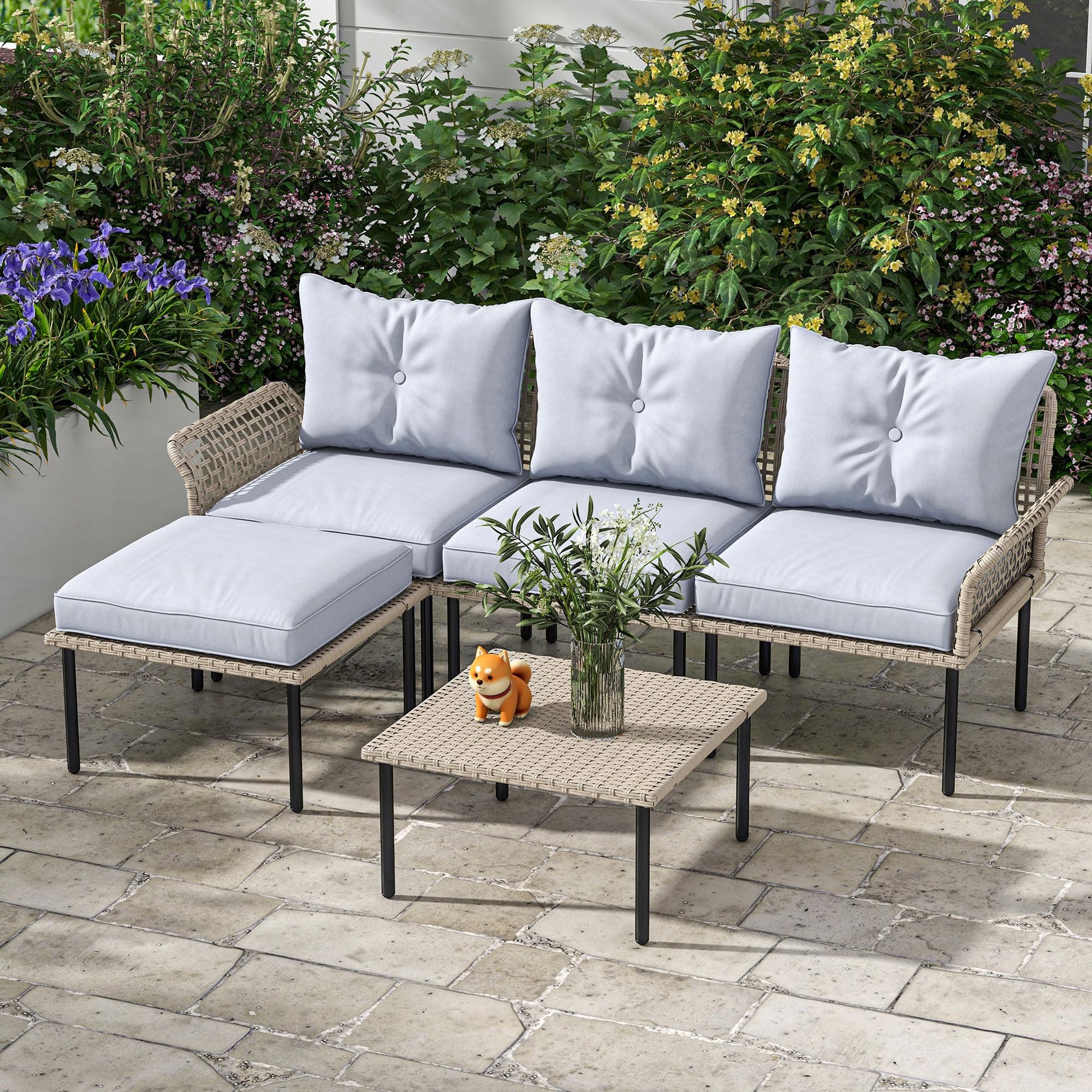 Outsunny 5 Piece Patio Furniture Set, Outdoor Conversation Set with L-Shaped Sofa, Cushions, for Backyard, Lawn and Pool, Light Gray - WoodArtSupply