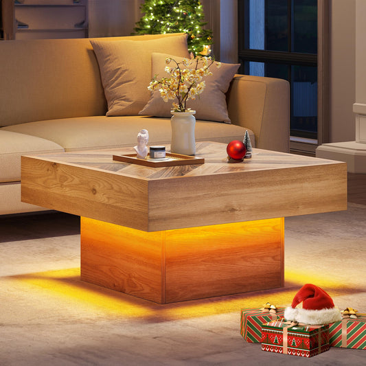 YITAHOME LED Coffee Tables for Living Room, Modern Coffee Table with Storage, Square Wood Coffee Table with 2 Sliding Drawers, Led Center Table for Living Room, Brown