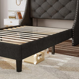 Feonase Twin Bed Frames with Luxury Wingback and Fast Charging Station,Twin Size Upholstered Button Tufted Storage Headboard Platform Bed,Sturdy Wooden Slats Support,Noise-Free,Easy Assembly,Dark Gray Feonase