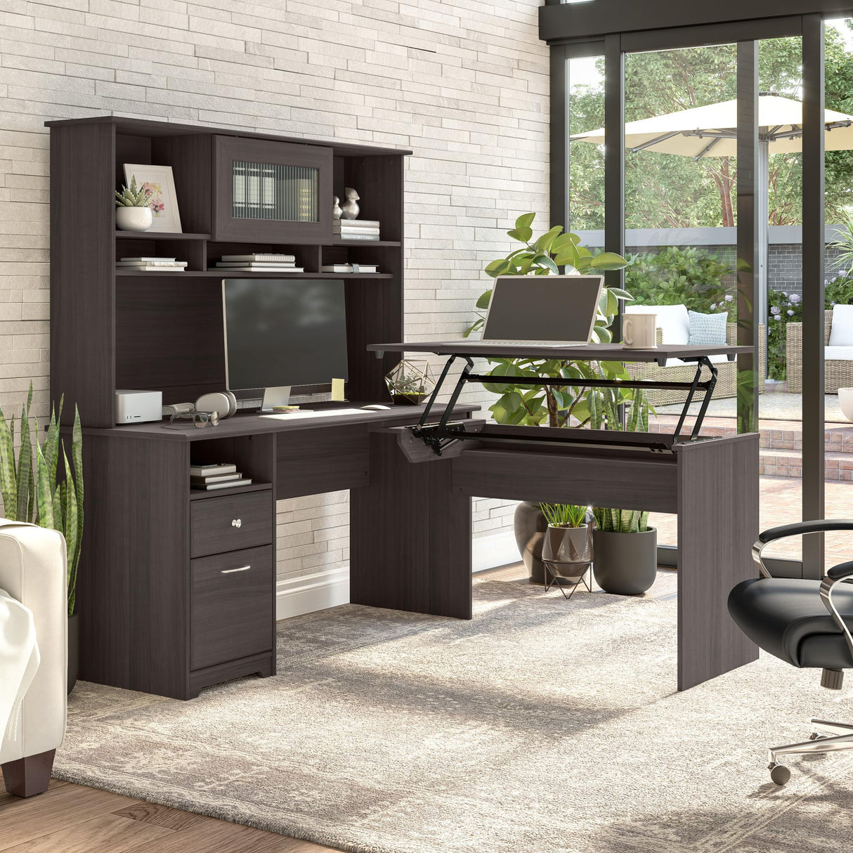 Bush Furniture Cabot 60W Desk Hutch with Shelves and Cabinet in Heather Gray Bush Business Furniture