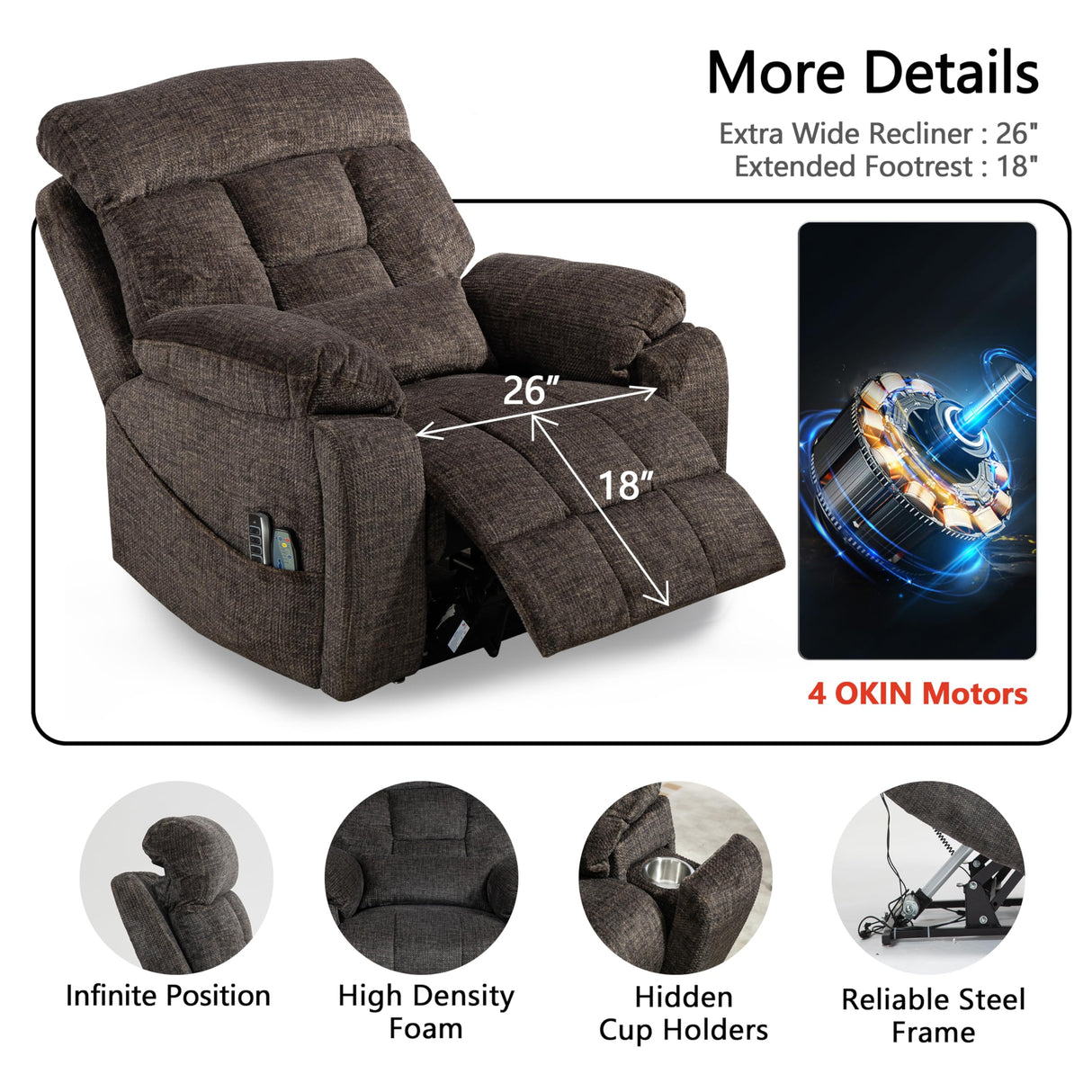 JIKFRIMA 4 OKIN Motor Power Lift Recliner Chair for Elderly Adults Extra Large Lay Flat Recliners with Massage Heat, Adjustable Head-Back-Lumbar-Leg-Support, Extended Footrest, 2 Cup Holders JIKFRIMA