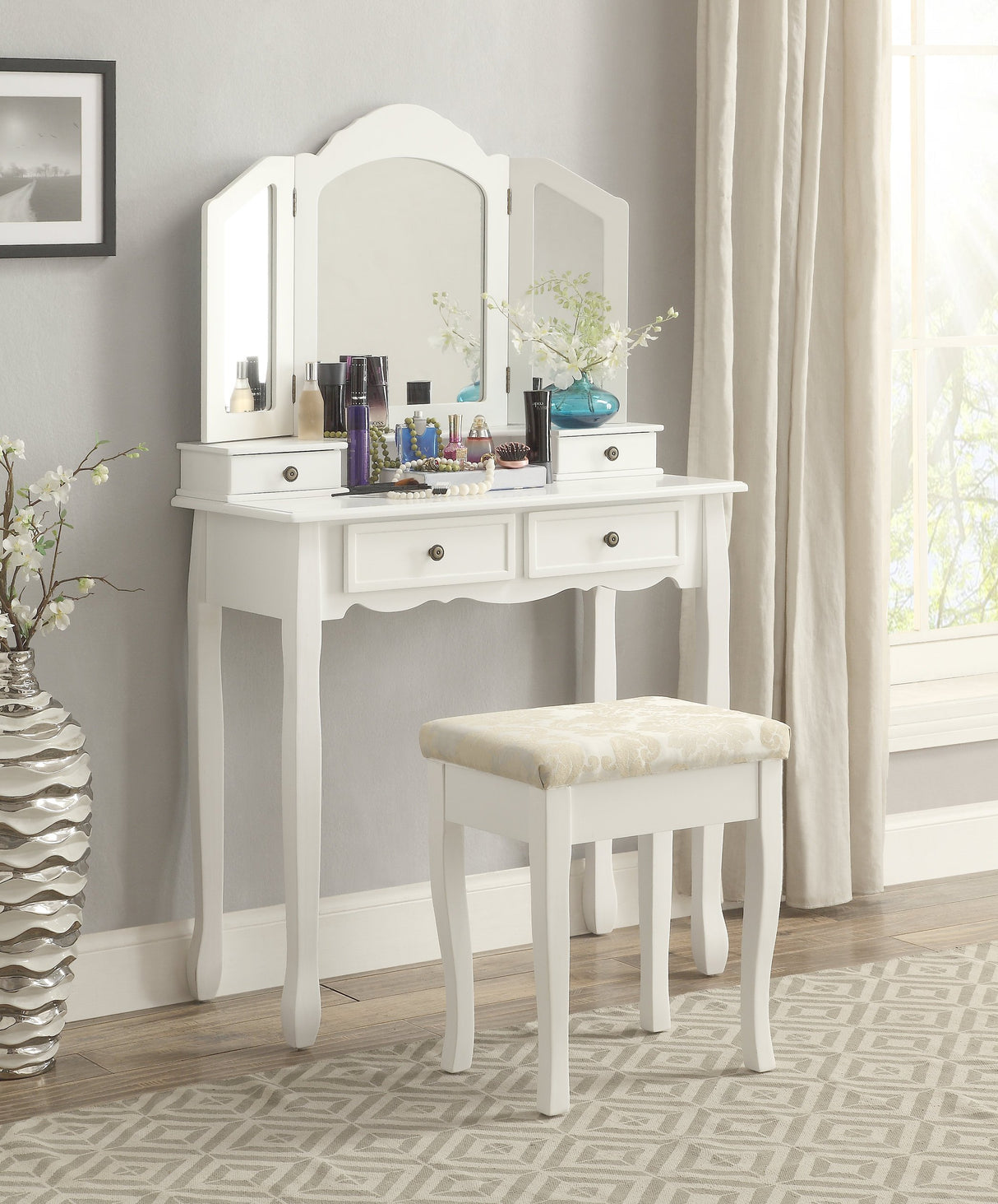 Roundhill Furniture Sanlo Wooden Vanity | Make Up Table and Stool Set | White Roundhill Furniture