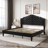 SHA CERLIN King Size Platfrom Bed Frame with Adjustable Headboard/Velvet Upholstered Diamond Button Tufted and Metal Studs/No Box Spring Needed/Easy Assembly/Wooden Slat Support/Black SHA CERLIN