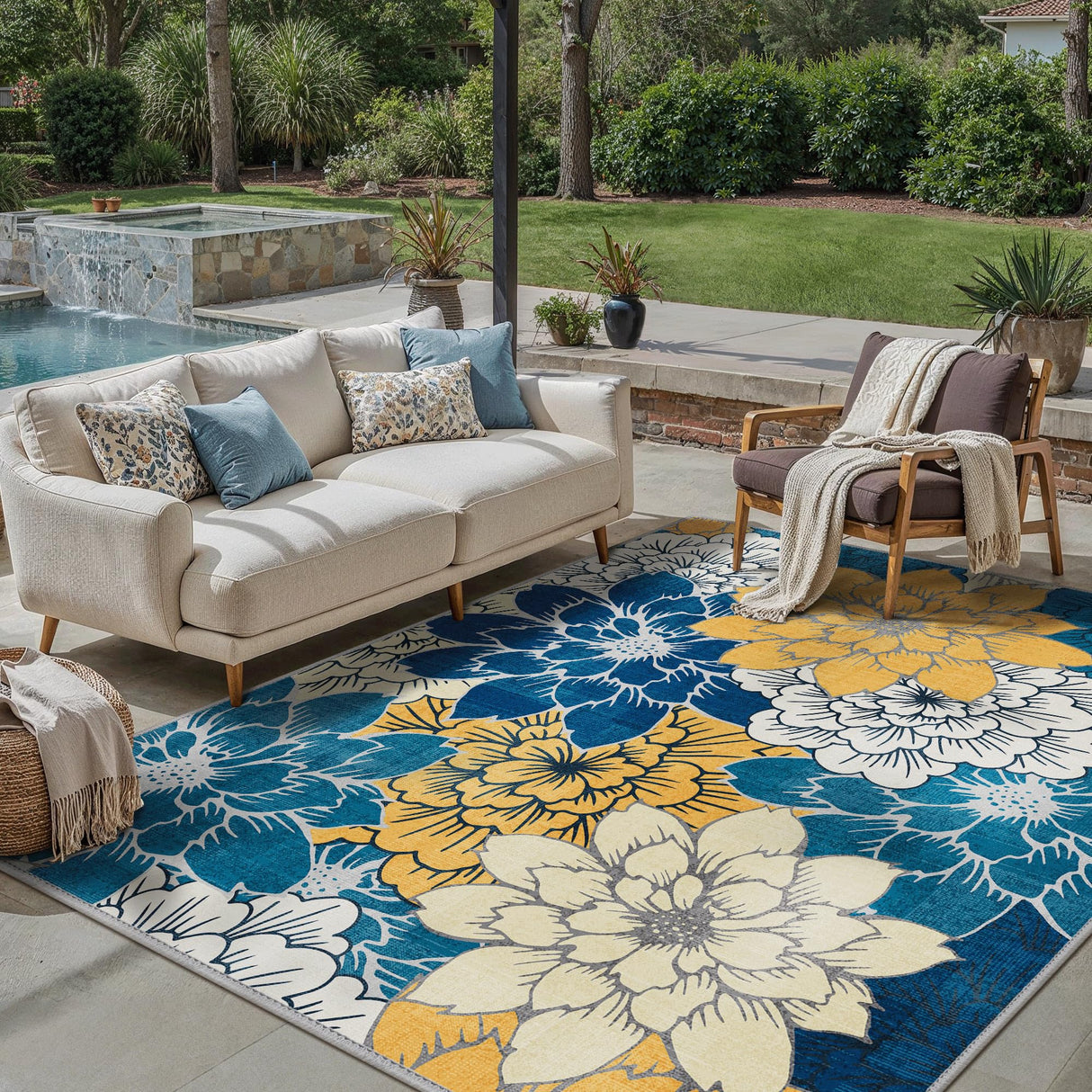 GENIMO Indoor Outdoor Area Rug 8' X 10' Waterproof, Washable Patio Rug Non Shedding, Easy Cleaning Floral Outdoor Carpet for Living Room, Bedroom, Dining Room, Balcony, Backyard, Deck, RV, Blue GENIMO