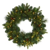 Nearly Natural 24in. Mixed Pine Artificial Christmas Wreath with 35 Clear LED Lights and Pinecones Nearly Natural