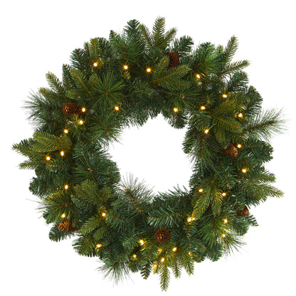 Nearly Natural 24in. Mixed Pine Artificial Christmas Wreath with 35 Clear LED Lights and Pinecones