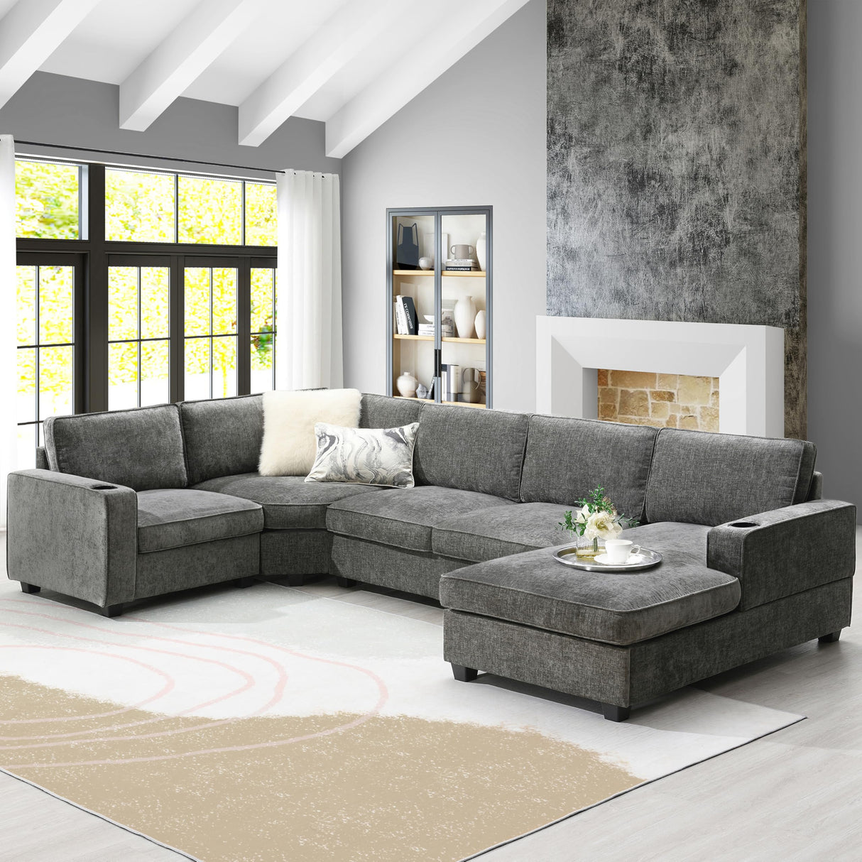 Merax Modern U-Shaped Cloud Couch Set with Oversized Chaise Lounge, Chenille 6-Seat Sectional Sofa Sleeper Bed with Cup Holders for Living Room Dark Gray Merax