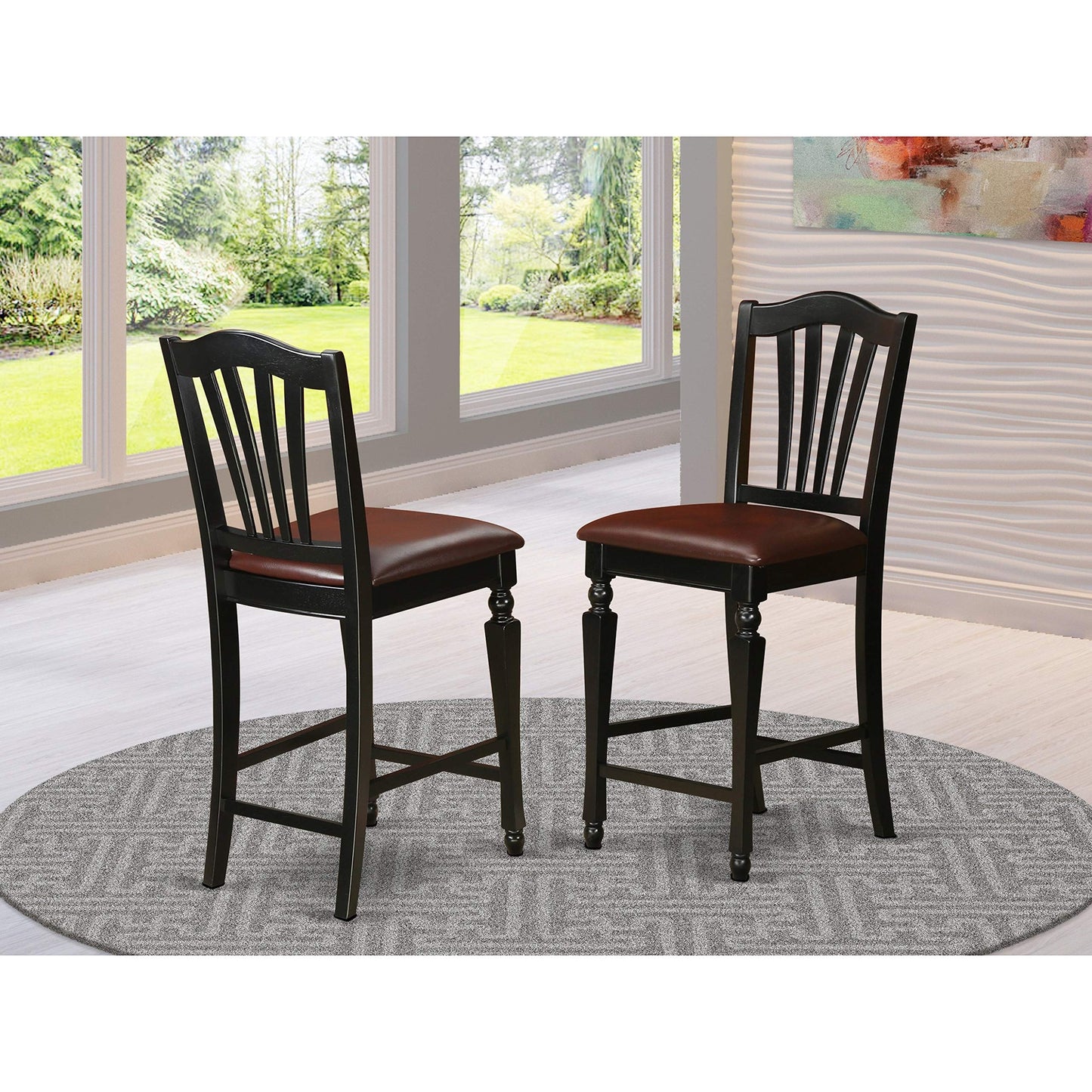 East West Furniture CHS-BLK-LC Chelsea Counter Dining Chairs - Faux Leather Upholstered Solid Wood Chairs, Set of 2, Black - WoodArtSupply