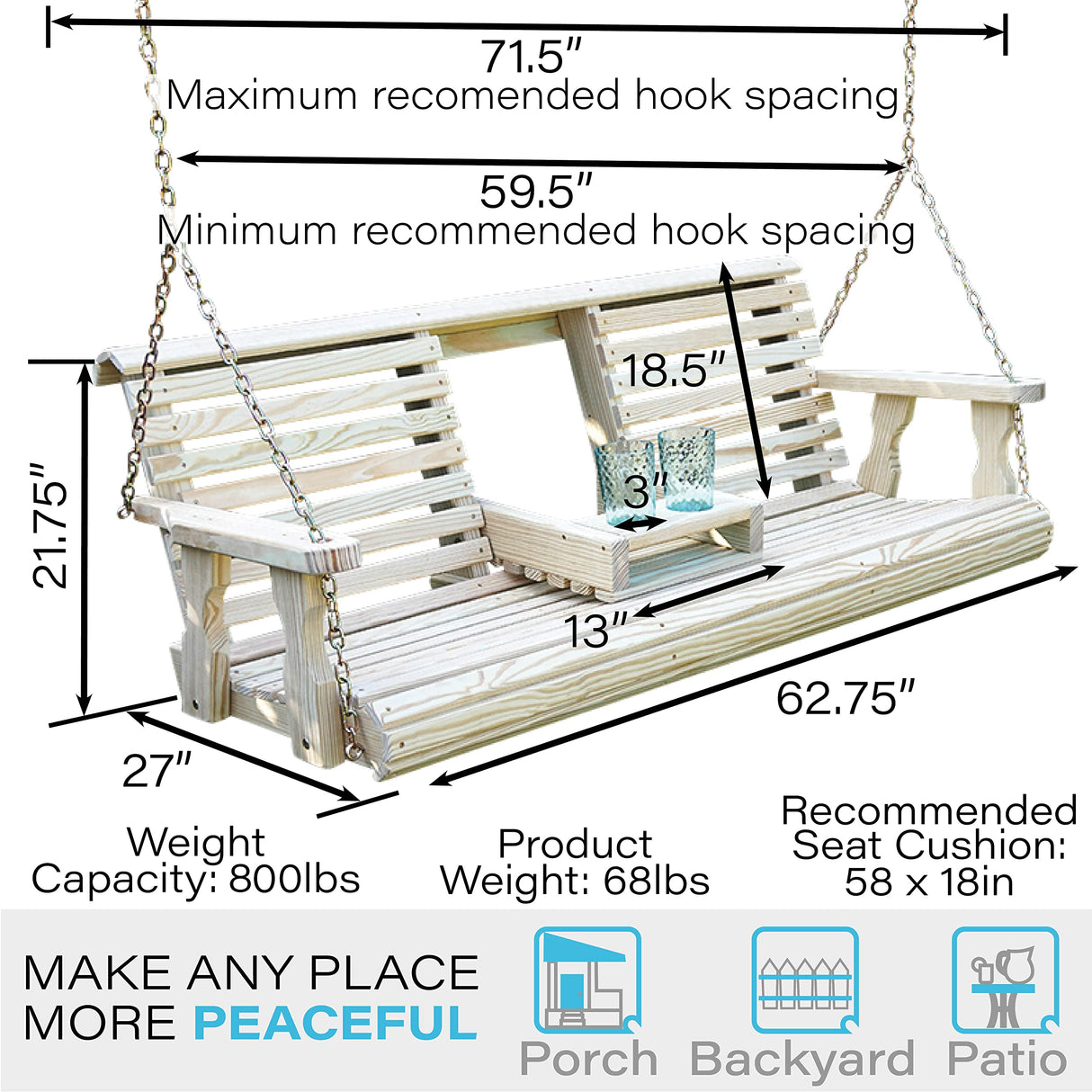 Porchgate Amish Heavy Duty Console Porch Swing with Fold Down Cup Holders in Unfinished - Amish Made in The USA from Treated Pine, Hanging Chains Included Porchgate