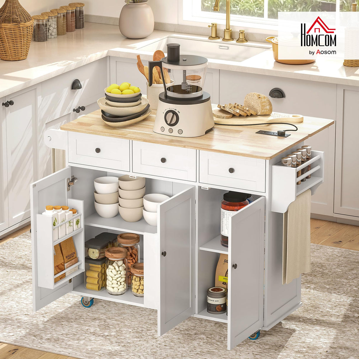 HOMCOM Rolling Kitchen Island with Power Outlet and Drop Leaf, 53" Island Table with Wood Top, 3 Drawers, Adjustable Shelf, Spice & Towel Rack, Kitchen Cart on Wheels, White HOMCOM
