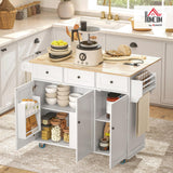 HOMCOM Rolling Kitchen Island with Power Outlet and Drop Leaf, 53" Island Table with Wood Top, 3 Drawers, Adjustable Shelf, Spice & Towel Rack, Kitchen Cart on Wheels, White HOMCOM