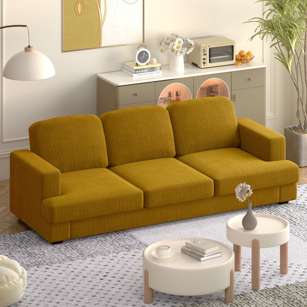 WiberWi 87 inch Couches for Living Room, Comfy 3 Seater Sofa with Deep Seat, Modern Corduroy Couch with Wide Armrests, Upholstered Backrests with Removable Cover, Mustard WiberWi