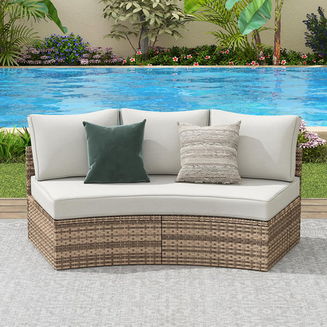 PaPaJet Patio Conversation Set, 3 Piece Half-Moon Sectional Round Patio Furniture Set, Wicker Sofa Set, for Backyard Patio Garden, Beige PaPaJet