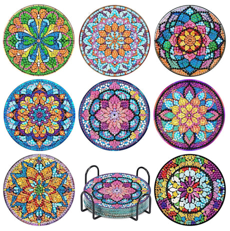 CAMOYAI 8 pcs Mandala Diamond Art Coasters Kits with Holder, Stained Glass Flowers Diamond Painting Coasters for Adults Beginners,Diamond Art Painting Kits for Gift CAMOYAI