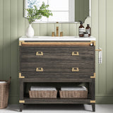 IRONCK 36" Bathroom Vanity with Sink, Wood Bathroom Vanity with Motion Sensor Light, Freestanding Bathroom Cabinet with 2 Drawers & Open Shelf, Easy Assembly, Walnut IRONCK