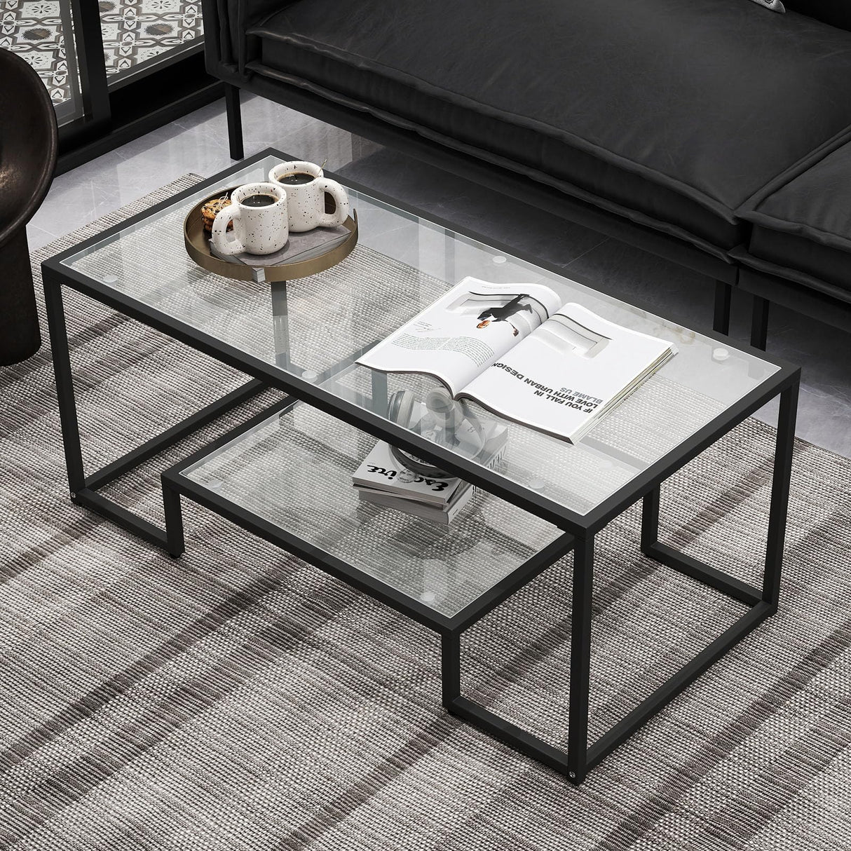 Kebynti 42" Rectangular Glass Coffee Table for Living Room, 2-Tier Center Tea Table with Metal Frame for Small Space, Apartment, Office (Black) Kebynti
