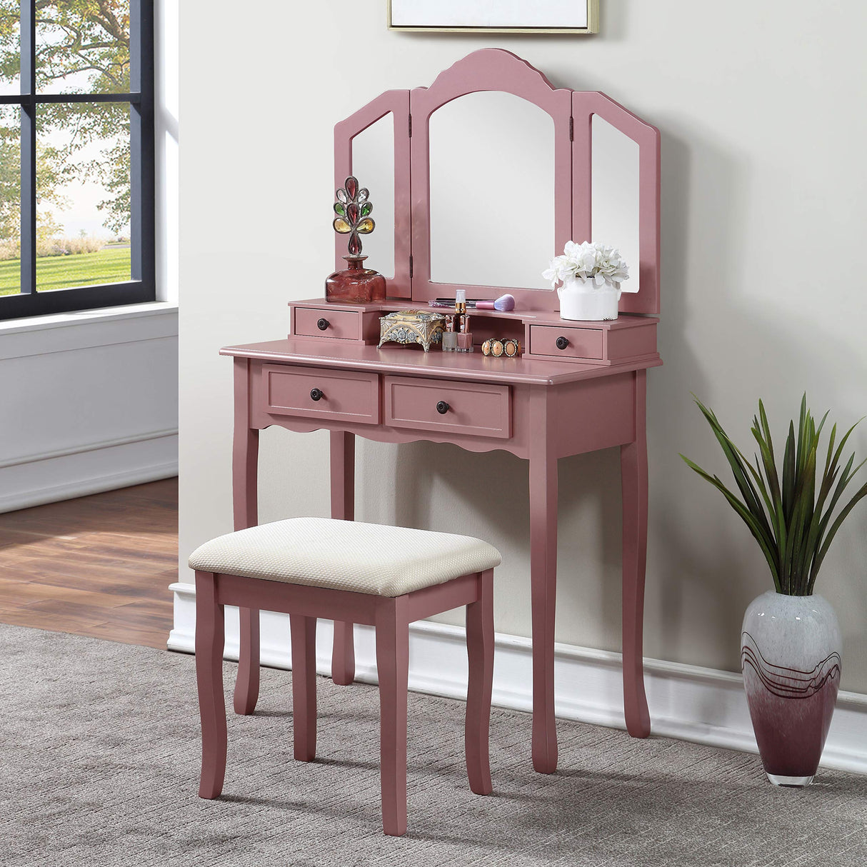 Roundhill Furniture Sanlo Wooden Vanity, Make Up Table and Stool Set, RoseGold Roundhill Furniture