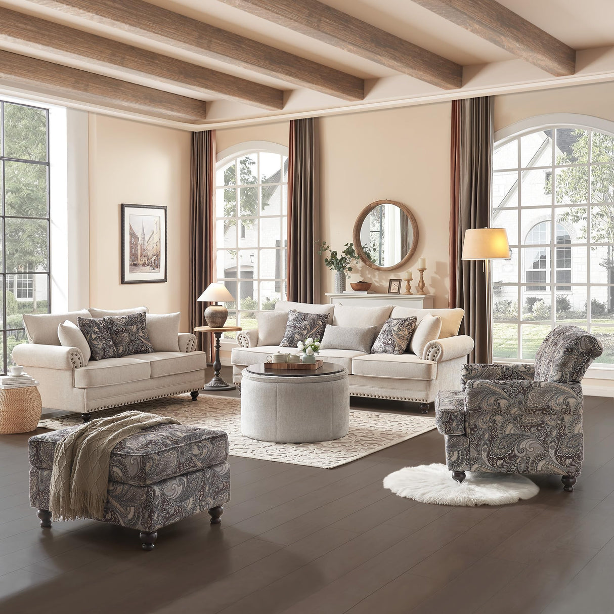 Modern Farmhouse Loveseat Sofa, Chenille Upholstery with Nailhead Trim, Small Couch for Living Room, Bedroom, Office, or Apartment, Includes 4 Accent Pillows Farati