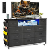 YGEOMER Black Dresser for Bedroom with Power Outlets and LED Lights 11 Drawers with Side Pocket, Fabric Drawers with PU Finish, Frame & Wood Top for 60inch TV Long Dresser Storage Organizer YGEOMER