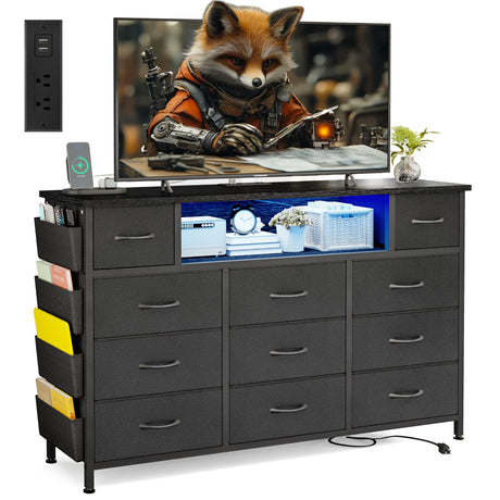 YGEOMER Black Dresser for Bedroom with Power Outlets and LED Lights 11 Drawers with Side Pocket, Fabric Drawers with PU Finish, Frame & Wood Top for 60inch TV Long Dresser Storage Organizer YGEOMER
