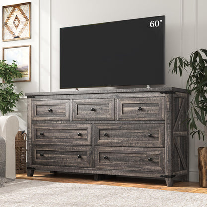 EnHomee Dresser for Bedroom with 7 Drawers Wood Dresser with Smooth Metal Rail Long Dressers & Chests of Drawers Farmhouse Dresser for Bedroom Dresser TV Stand for Bedroom, Closet, Dark Rustic Oak