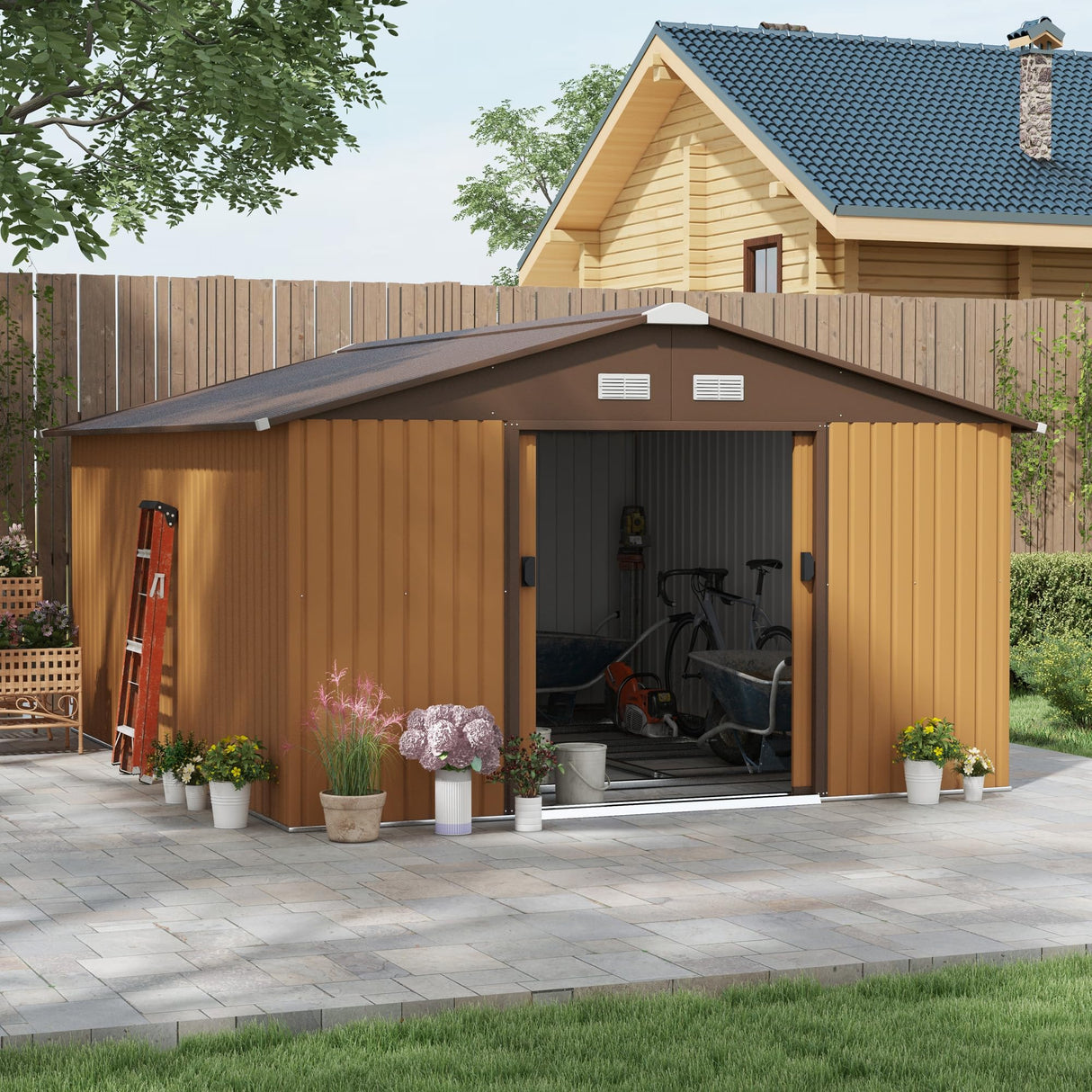 Outsunny 11' x 13' Outdoor Storage Shed, Garden Tool Metal Shed with Foundation Kit, Double Lockable Door, Air Vents and Sloping Roof, for Backyard, Patio, Lawn, Yellow Outsunny