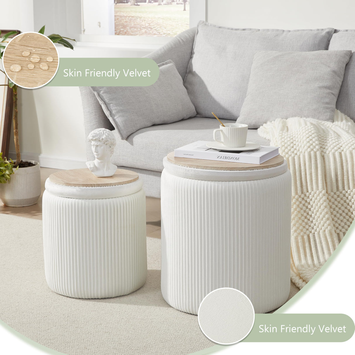 Round Ottoman with Storage Set of 2,Vanity Stool with Storage for Bedroom, Ottoman Coffee Table,Small Velvet Foot Stool Ottoman for Living Room, White Royal Windsor