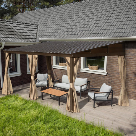 SHPAI 12’ x 16’ Lean to Gazebo, Outdoor Wall Mounted Gazebo Aluminum Frame, Hardtop Pergola with Galvanized Steel Sloping Roof for Patio Deck Garden Backyard, Curtain and Netting Included SHPAI