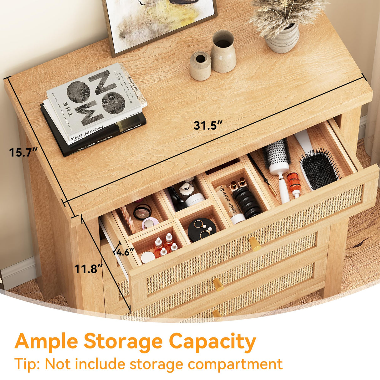 Natural Rattan Dresser for Bedroom with 5 Drawers, Wood Boho Chest of Drawers with Gold Metal Handle, Matte Top Bedroom Tall Dresser with Large Drawers for Living Room, Closet, Hallway, (Nartual Oak) Jocoevol