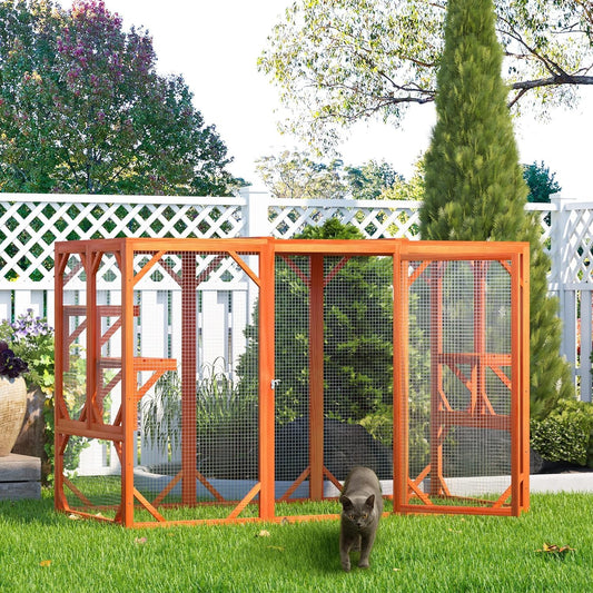 COZIVVOVV Outdoor Cat Enclosures, Large Cat Cages Indoor Large with 3 Platforms, Wooden Cat Crates for Outside, Weatherproof Cat House & Cat Condo with Asphalt Roof, Orange