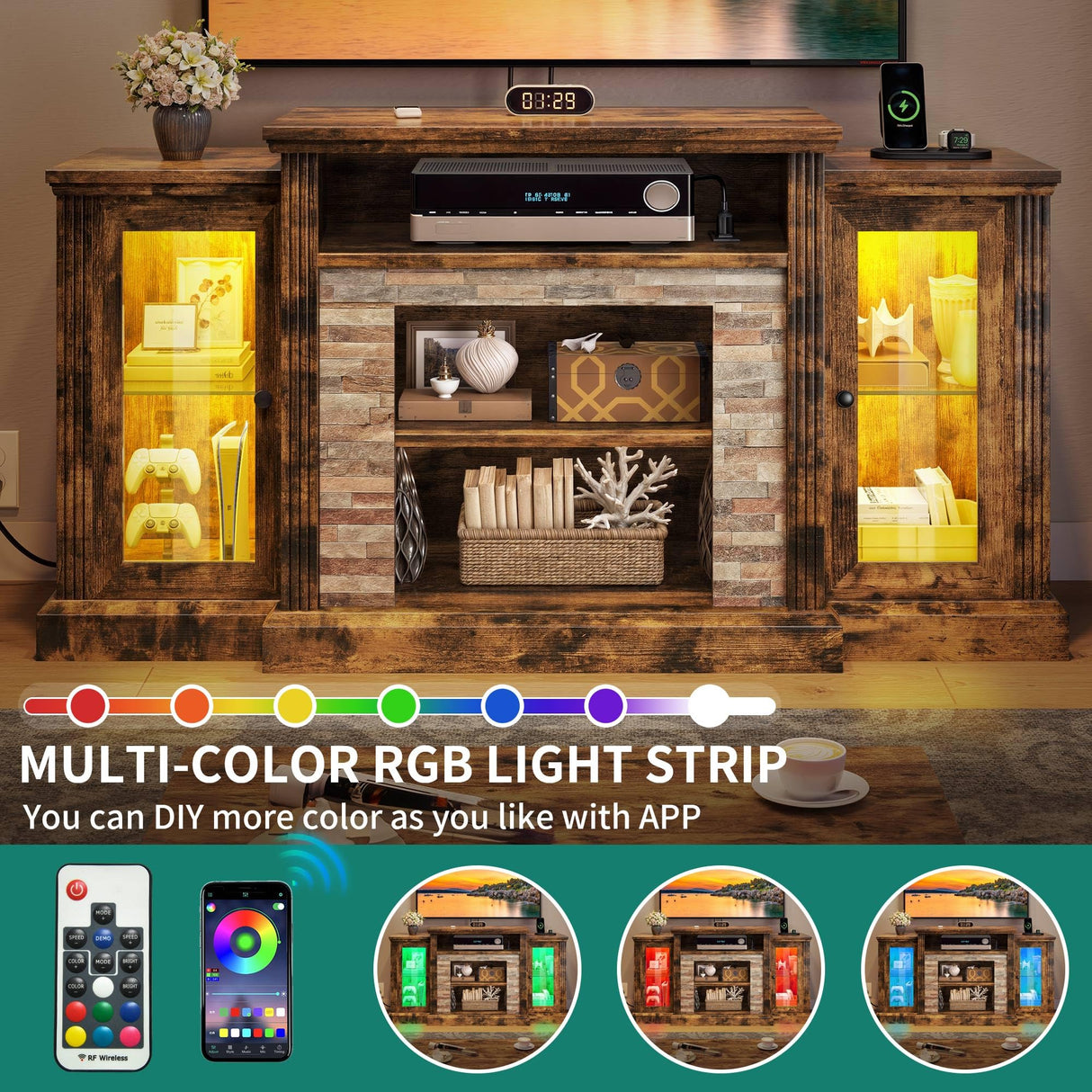 YITAHOME TV Stand for 65 Inch TV, Modern Entertainment Center with Power Outlet and LED Light, Farmhouse Media Console TV Cabinet with Adjustable Shelf & Glass Door for Living Room, 59'' Retro Brown YITAHOME