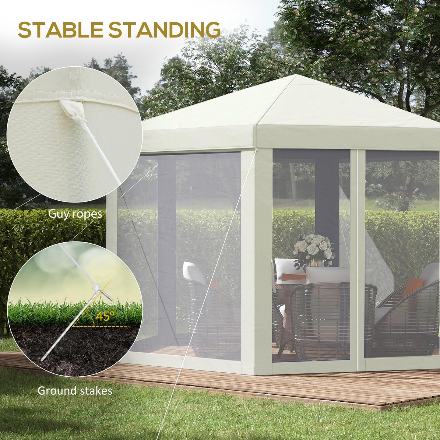 Outsunny 13' x 11' Canopy Tent, Sun Shelter with Protective Mesh Screen Walls, Hexagon Outdoor Tent for Parties, Cream White